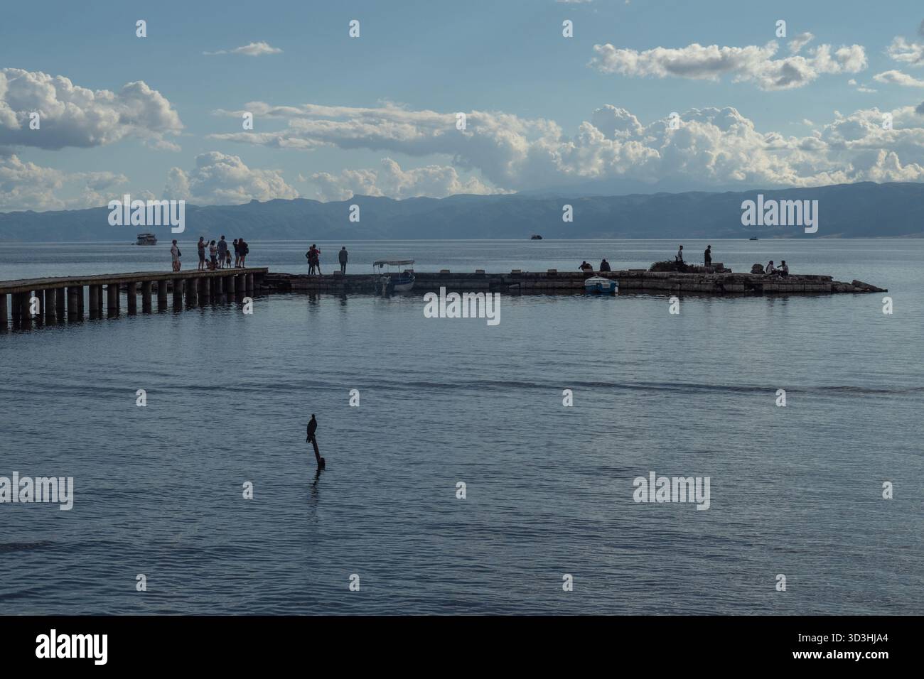 Persone in piedi e a pescare su un molo che si estende in un lago calmo sotto un cielo parzialmente nuvoloso. Foto Stock