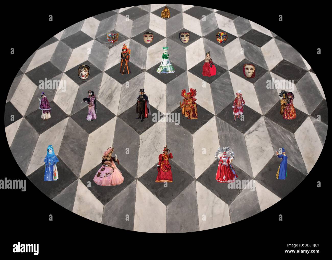 DREAM N°31 – la geometria della maschera | scacchi surreali di facce e maschere Foto Stock