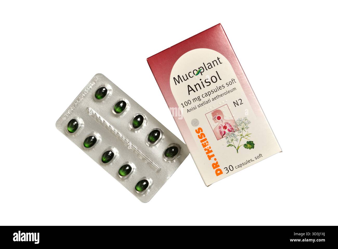 Anisolo mucoplant 100 mg del Dr. Theiss, Anisi stellati aetheroleum, N2, confezione e blister con capsule morbide, isolato su bianco Foto Stock