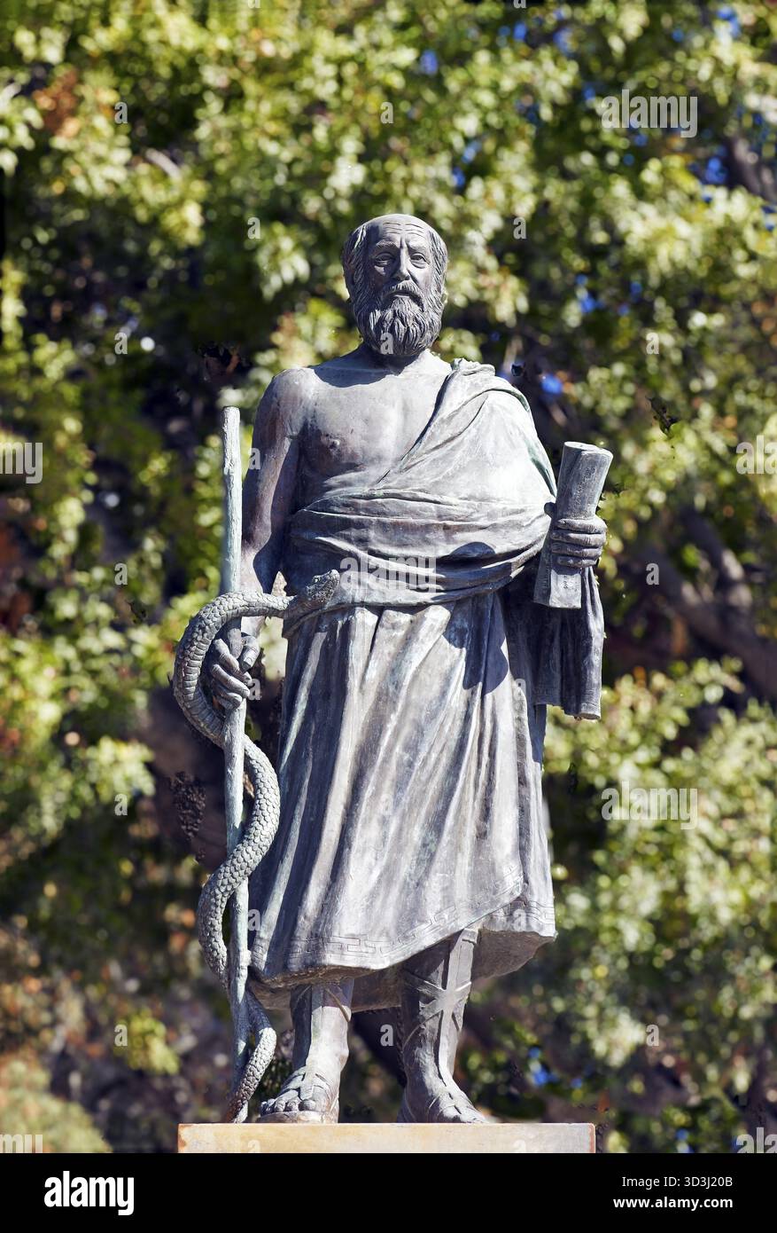 Monumento, statua, Ippocrate anche Ippocrate di Kos, famoso medico antico, padre della medicina moderna, città vecchia 460-370 a.C., città di Kos, isola di K Foto Stock