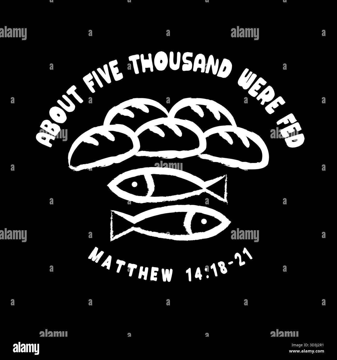 5 panini più 2 pesci uguali a 5000, T shirt Christian. Storia della Bibbia matematica design - Gesù alimenta il 5000, Matteo 14:13-21. Illustrazione vettoriale Illustrazione Vettoriale