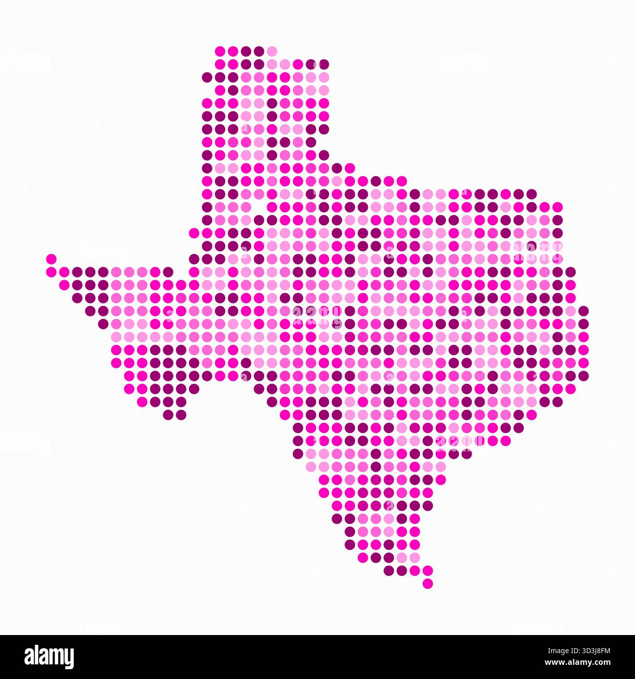 Mappa tratteggiata del Texas. Mappa digitale dello stato su sfondo bianco. Forma texana con punti circolari. Stile puntini colorati. Cerchi di grandi dimensioni. Illustrazione Vettoriale