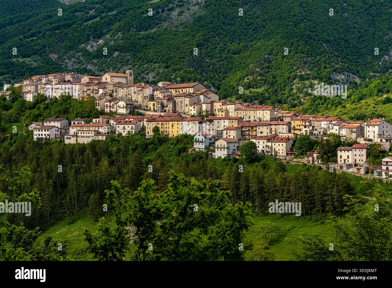 Vista panoramica del paese di OPI nel Parco Nazionale d'Abruzzo, Lazio e Molise, circondato da verdi boschi. OPI, provincia dell'Aquila, Abruzzo, i Foto Stock