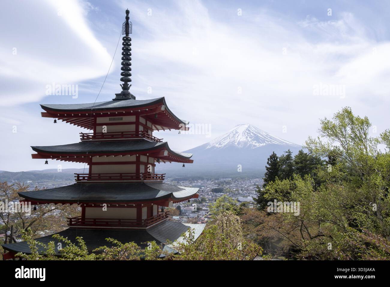 Pagoda chureito rosso con il monte fuji sullo sfondo in una giornata di sole durante la stagione della fioritura dei ciliegi Foto Stock