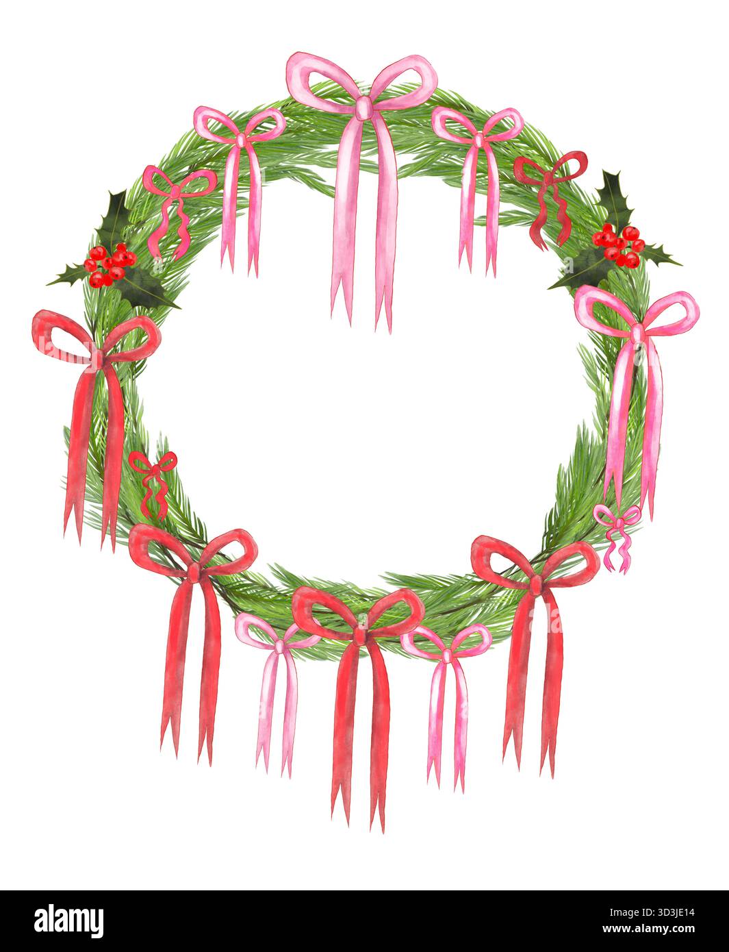 Illustrazione di una corona natalizia fatta di rami di abete con fiocchi rosa e rossi alla moda. Lettering che dice buon Natale. Foto Stock