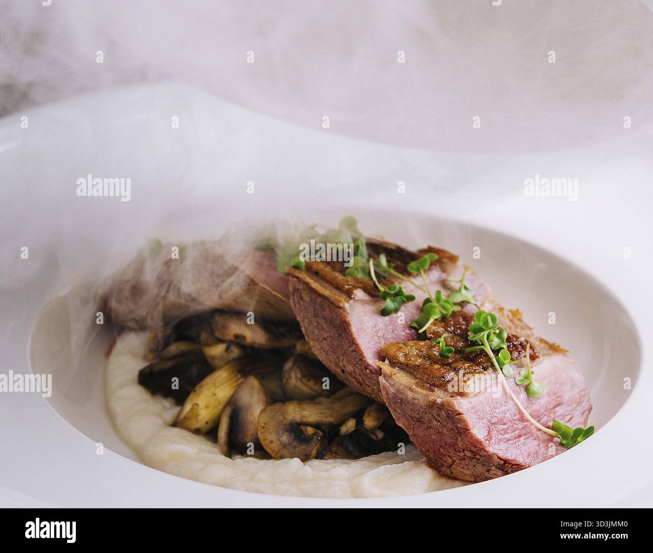 Cibo squisito, serve medaglioni di manzo con funghi e purè di patate Foto Stock