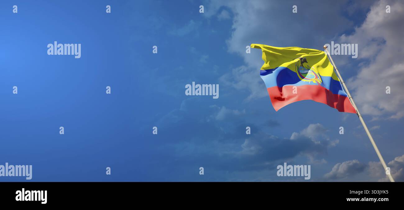 Bella bandiera nazionale dell'Ecuador con spazio vuoto. Bandiera Ecuador su sfondo ampio con posto per testo grafica 3D. Foto Stock
