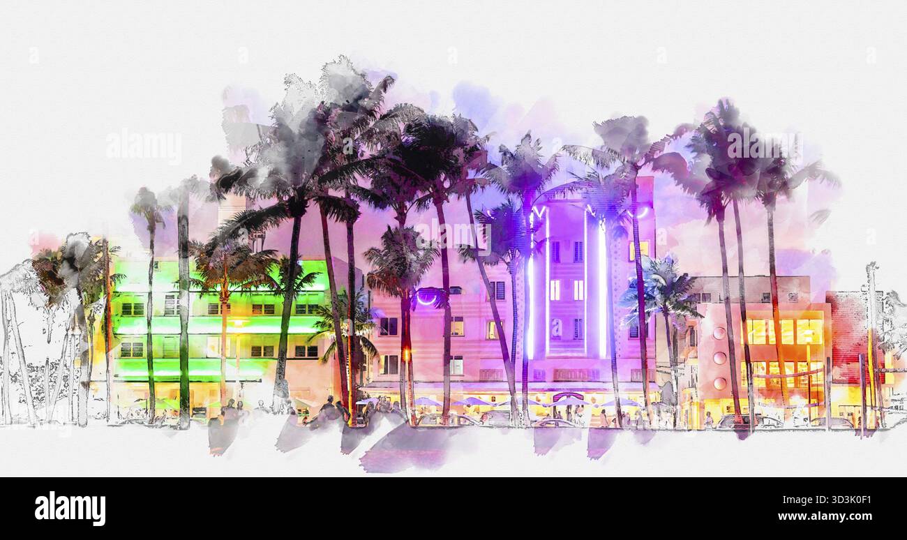 Dipinto ad acquerello raffigurante gli hotel e i ristoranti di Ocean Drive al tramonto. Skyline della città con palme di notte. Vita notturna art deco sulla Sou Foto Stock