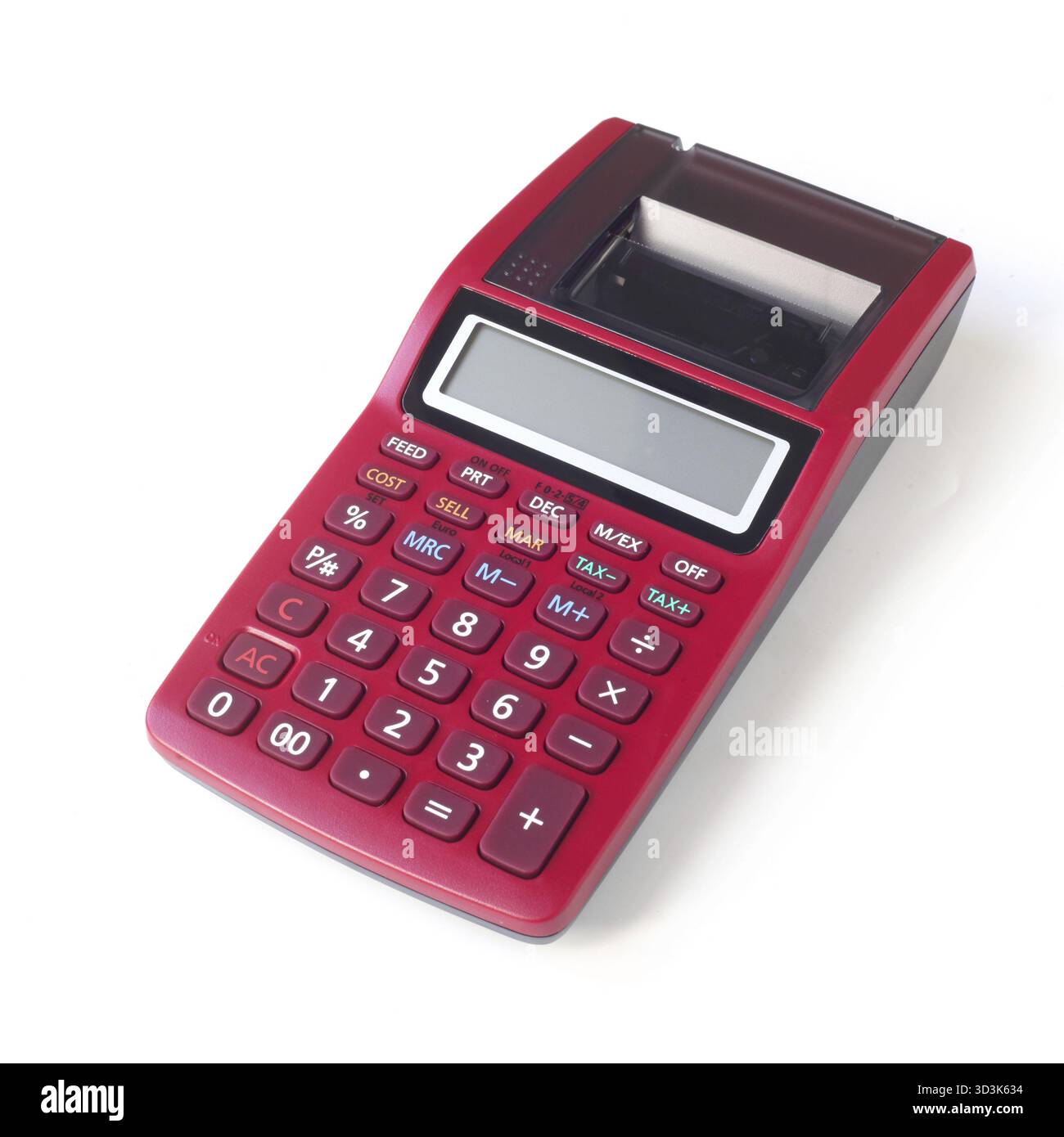 Calcolatrice da tavolo rossa isolata su bianco Foto Stock