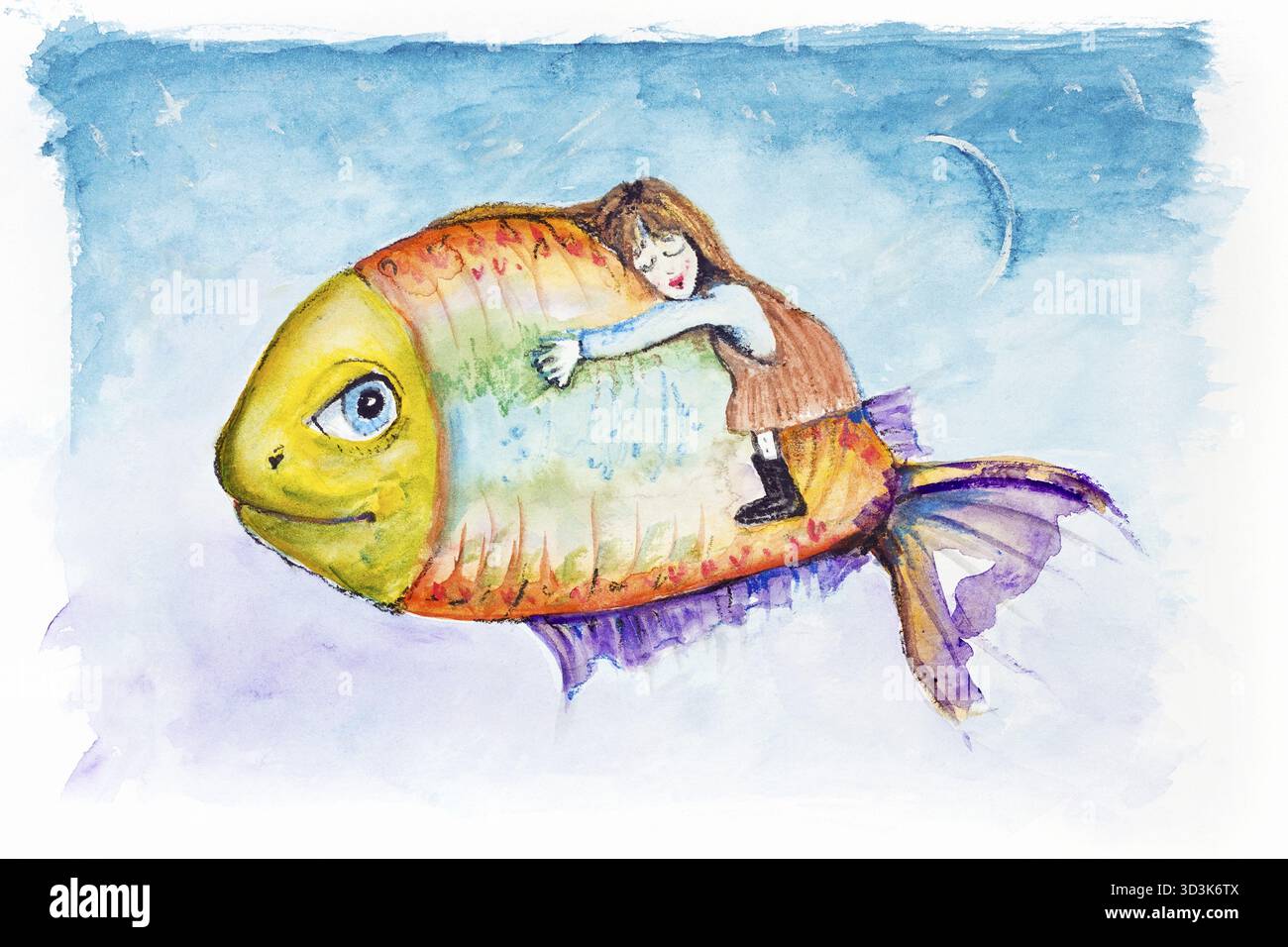 Dolce notte bambini sogni sulla Luna pesce leggero. Fatti a mano di pittura ad acquerello illustrazione su un libro bianco sullo sfondo di arte Foto Stock