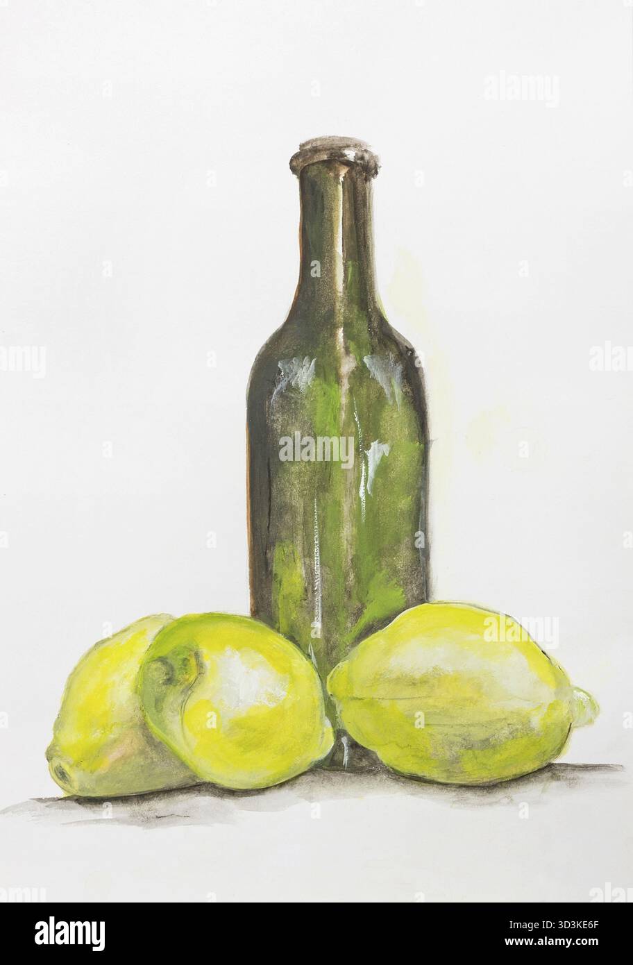 Bottiglia di limone giallo e vetro verde di limonata STILL Life - illustrazione di pittura acrilica fatta a mano su sfondo artistico di carta bianca Foto Stock