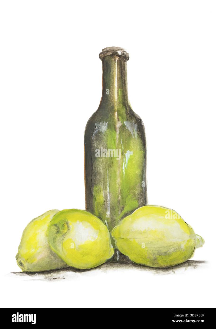Bottiglia di limone giallo e vetro verde di limonata isolata STILL Life - illustrazione di pittura acrilica fatta a mano su sfondo artistico di carta bianca Foto Stock
