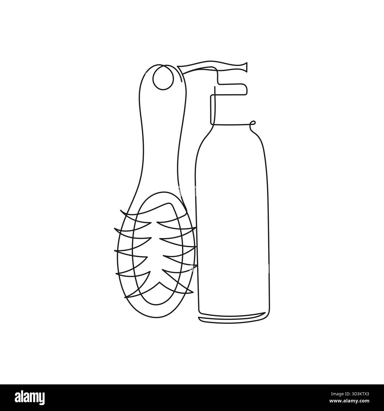 Spazzola per capelli e biberon con shampoo. Illustrazione vettoriale minimalista a una linea per la bellezza, la cura dei capelli, il salone e i progetti di moda. Illustrazione Vettoriale