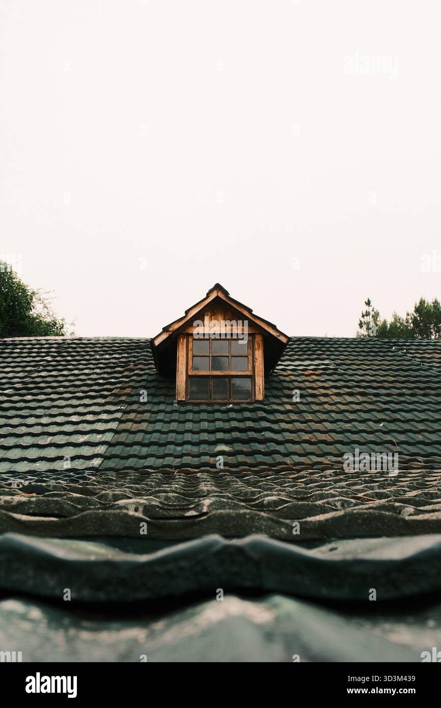 Finestra in legno dormer sul tetto piastrellato Foto Stock