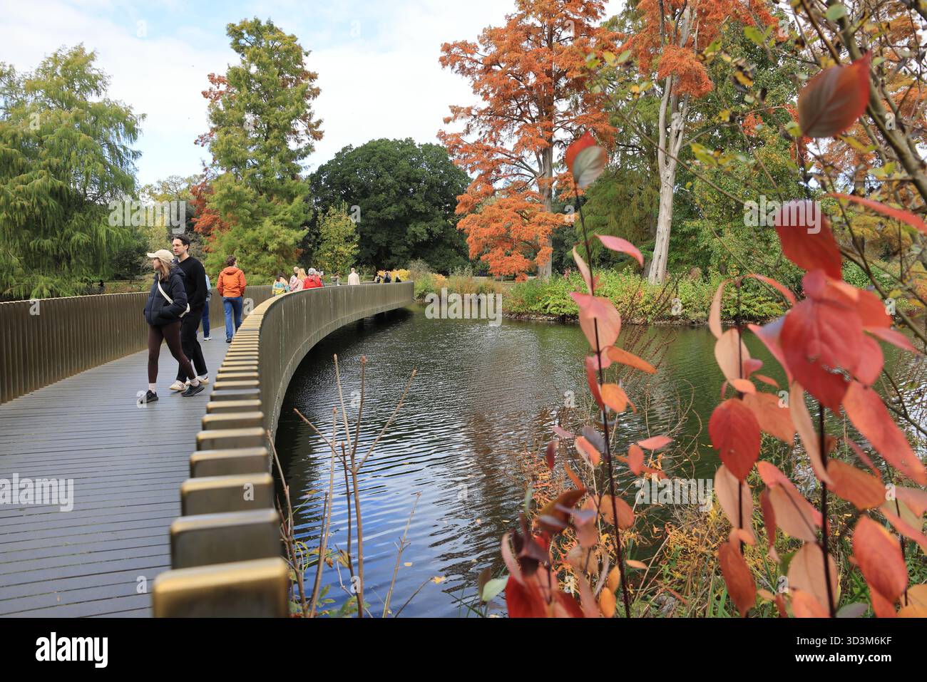 Colori autunnali sul ponte del lago ai Kew Botanic Gardens, nel sud-ovest di Londra, Regno Unito. Foto Stock