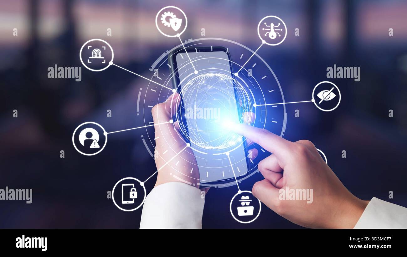 Protezione della sicurezza informatica e strategie di sicurezza informatica contro minacce informatiche, attacchi di sistema, violazioni digitali, attacchi di rete e protezione dei dati Foto Stock