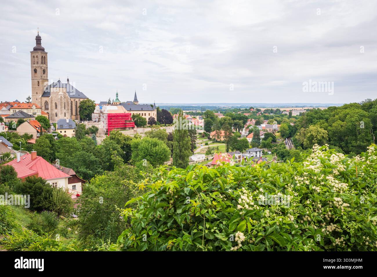 Vista panoramica della campagna che circonda Kutna Hora, Repubblica Ceca, con l'ossario di Sedlec in lontananza. Foto Stock