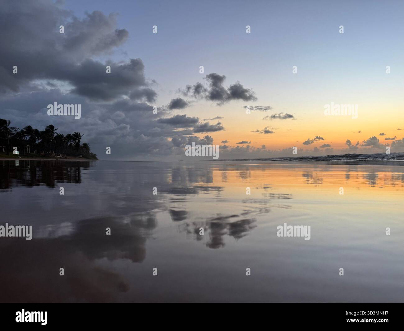 Tranquilla alba sulla costa di Salvador, dove l'oceano incontra il riflesso perfetto. - Immagine stock catturata con smartphone