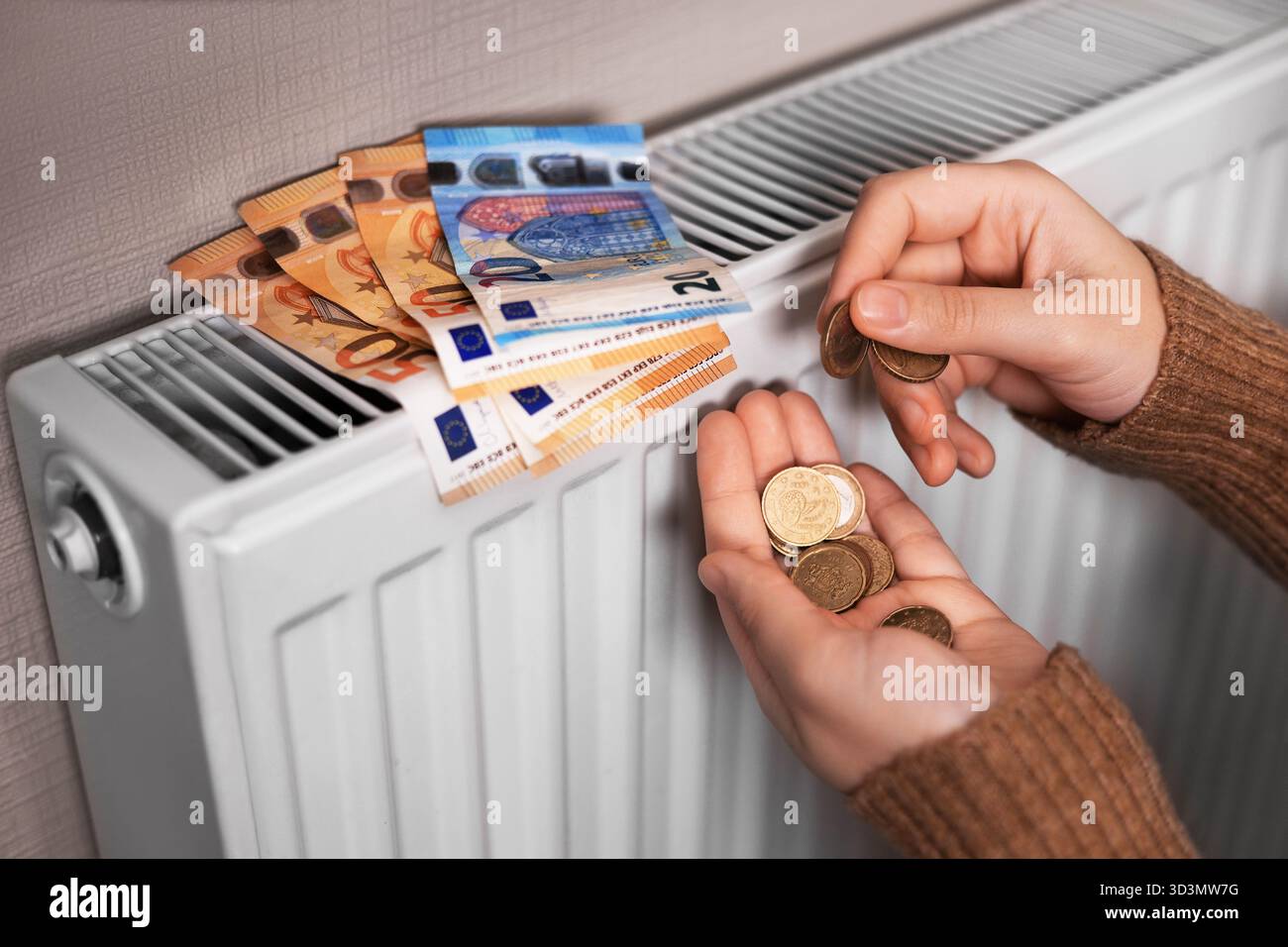 Una ragazza in maglione conta i soldi per il radiatore: Banconote da 50 e 20 euro e tanti centesimi di euro in mano: 50, 20 e 1 euro. La stanza è fredda, Foto Stock