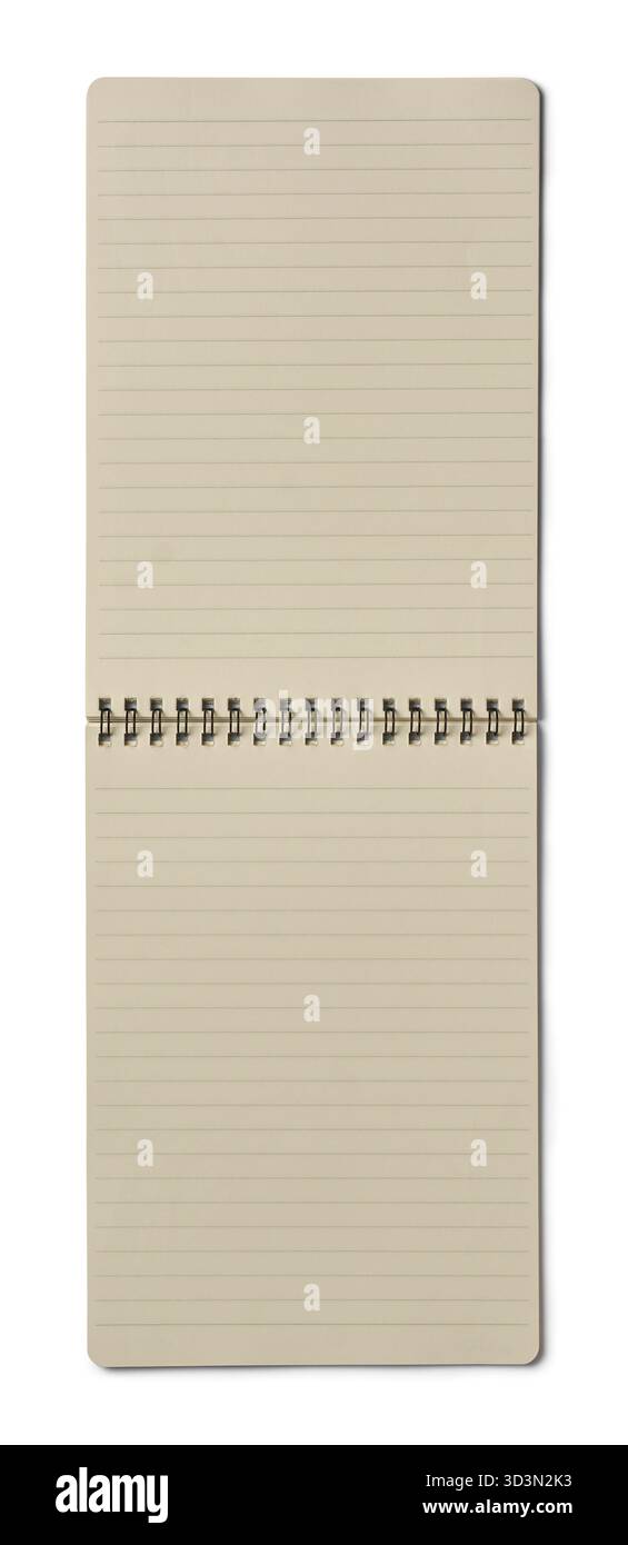 quaderno a spirale aperto con due pagine vuote con righe beige sfondo bianco isolato, spazio di copia per il testo, modello di mock-up preso dall'alto in verticale Foto Stock