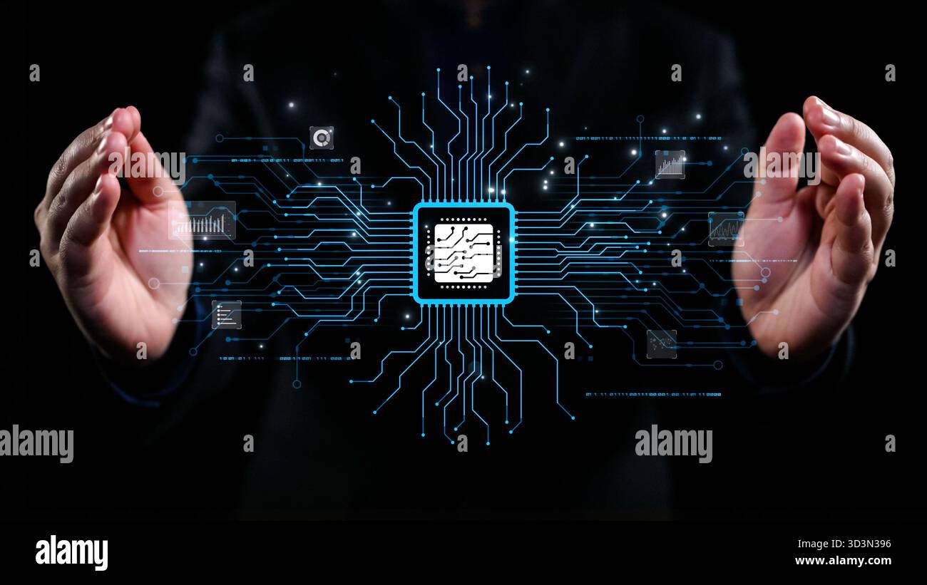 Un'immagine accattivante che illustra le mani che proteggono un microchip incorporato in una rete di circuiti digitali, simboleggiando la tecnologia e l'innovazione in Foto Stock