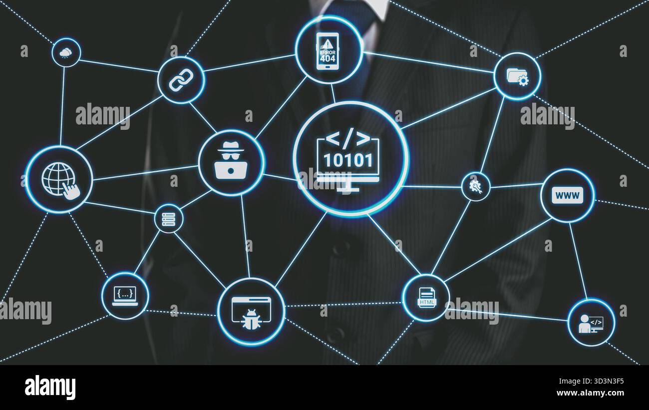 Sviluppo di software con sovrapposizioni di codifica, linguaggi di programmazione, strumenti per sviluppatori, creazione di app mobili e programmazione avanzata per prodotti digitali Foto Stock