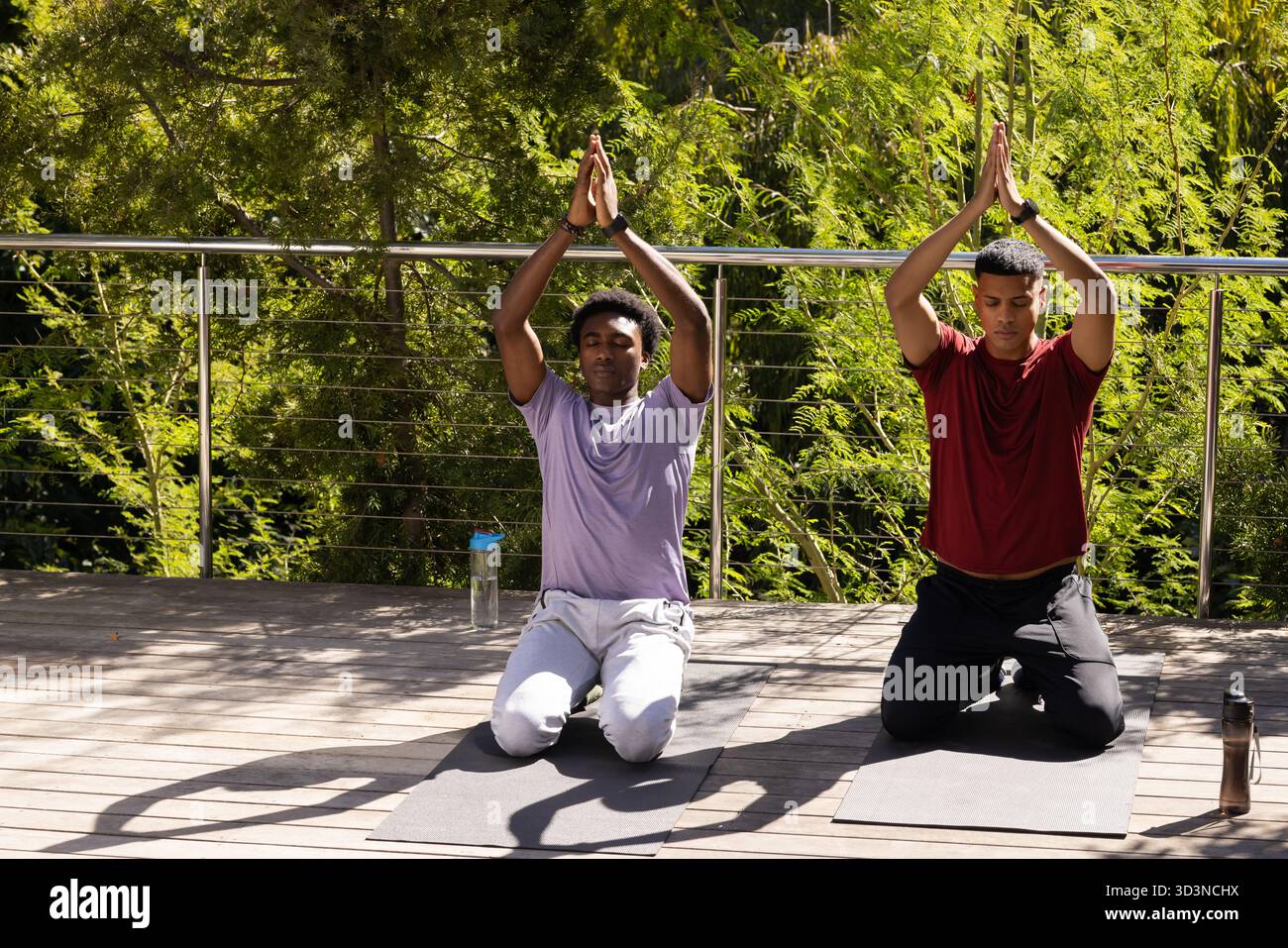 Inginocchiati diversi amici maschi che sollevano palme su un ponte di legno, con tappetini da yoga e bottiglie d'acqua Foto Stock