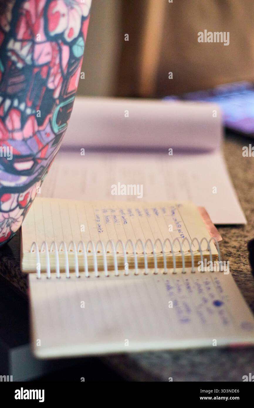 Le mani di una giovane donna, scrivendo e prendendo appunti nel suo taccuino, evidenziando dettagli, parole, sottolineature, colori, e il movimento della sua matita. Foto Stock