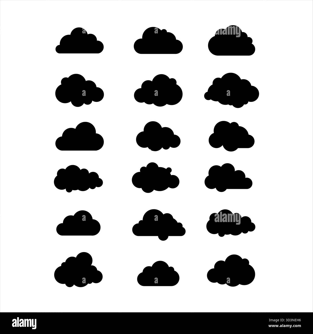 Una collezione di icone nuvola con silhouette nera in un semplice stile vettoriale piatto su sfondo bianco Foto Stock