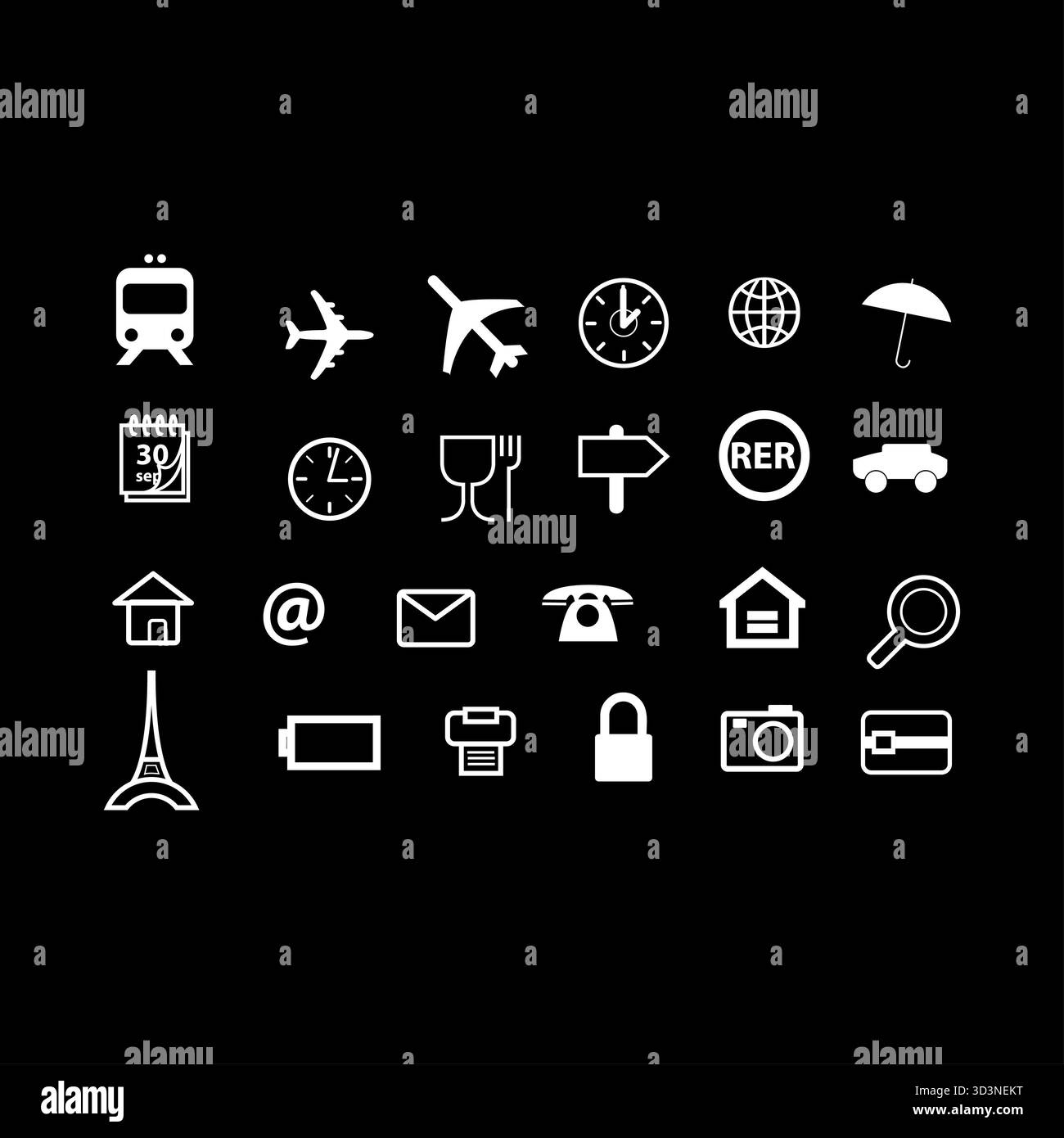 Collezione di simboli bianchi essenziali per la comunicazione e la tecnologia di viaggio Foto Stock