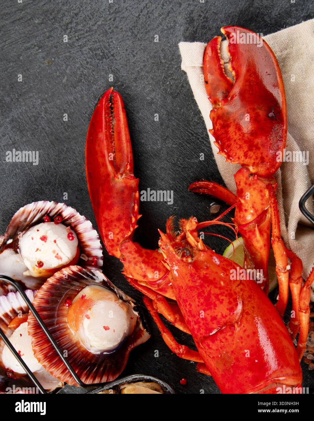Varietà di pesce fresco ed erbe aromatiche. Pesce fresco e specialità di pesce. Vista dall'alto. Foto Stock