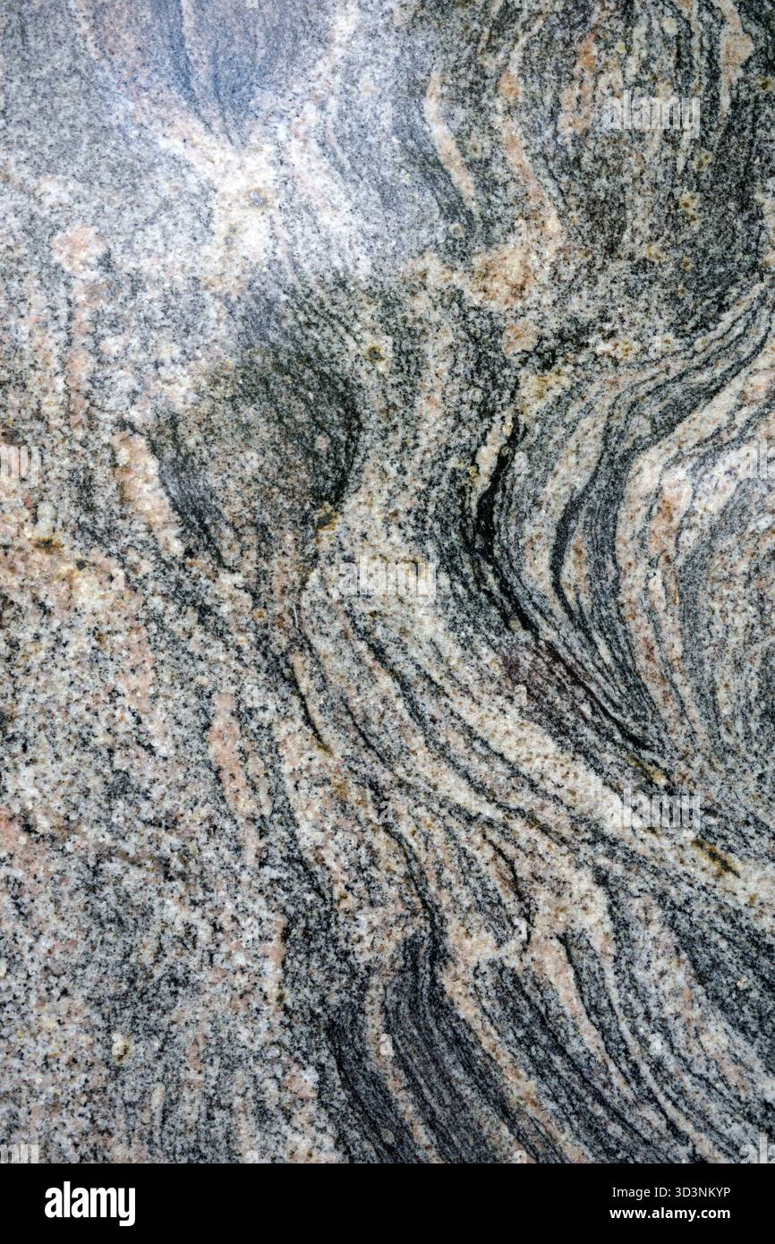 Primo piano di una lastra di Gneiss di colore scuro, o migmatite, che è in parte roccia metamorfica e in parte roccia ignea, Kinawa, Brasile Foto Stock