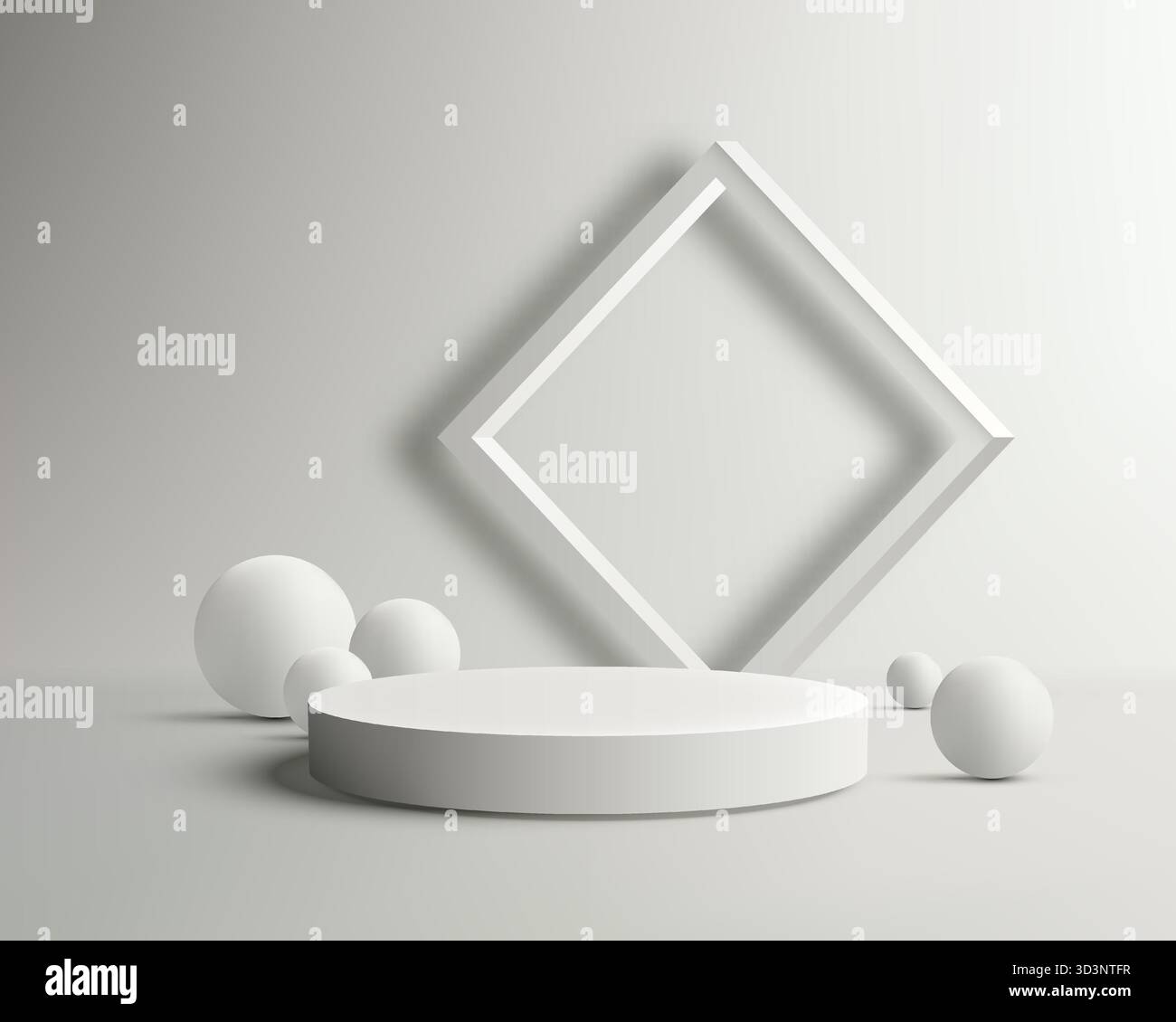 Scena in studio bianco monocromatico 3D. podio cilindrico per l'esposizione di prodotti o per il mockup cosmetico sfere geometriche incorniciate e una forma quadrata cre Illustrazione Vettoriale