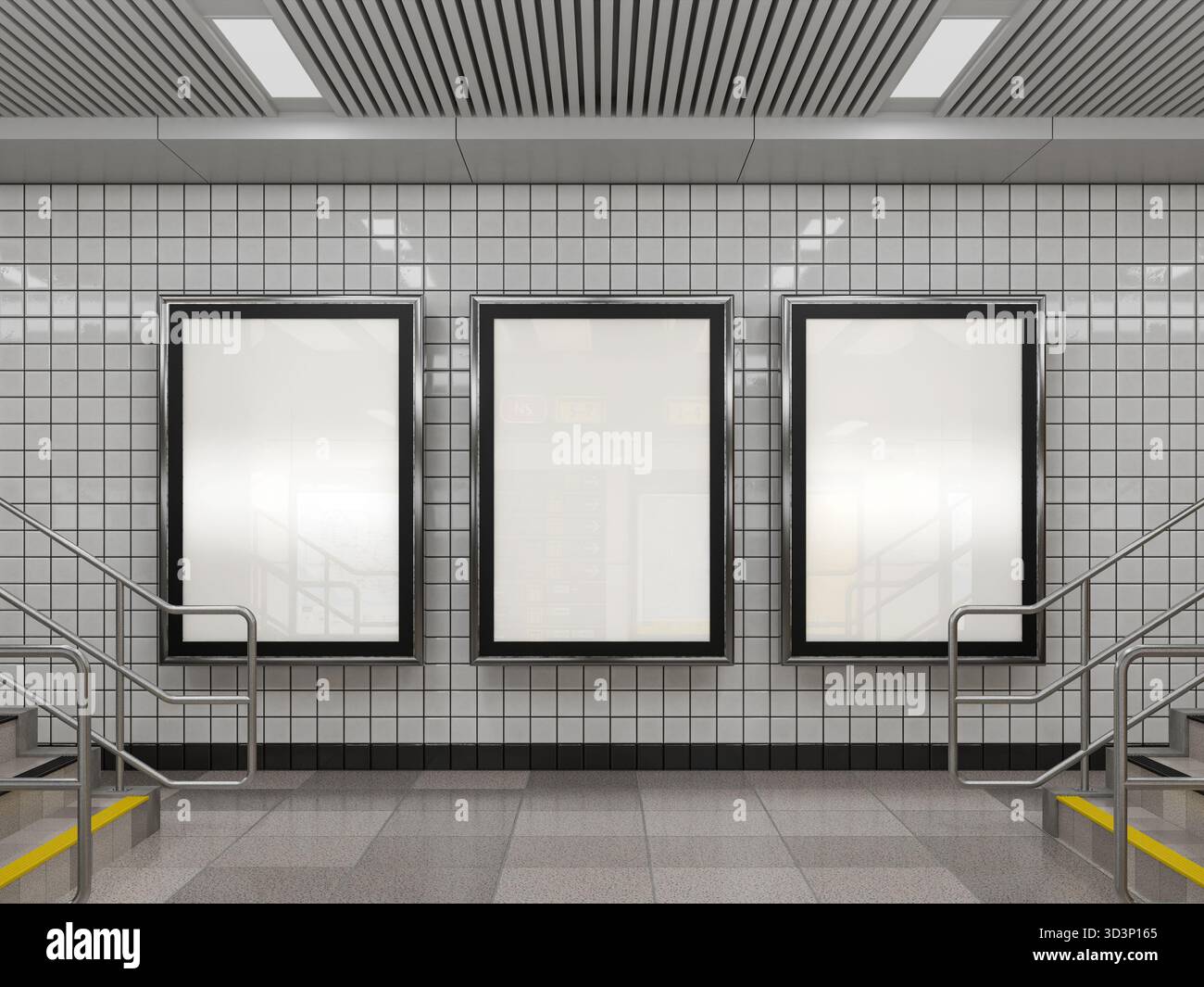 Tre poster verticali illuminati mockup pubblicità cartelloni espositori scena della piattaforma della stazione della metropolitana Foto Stock