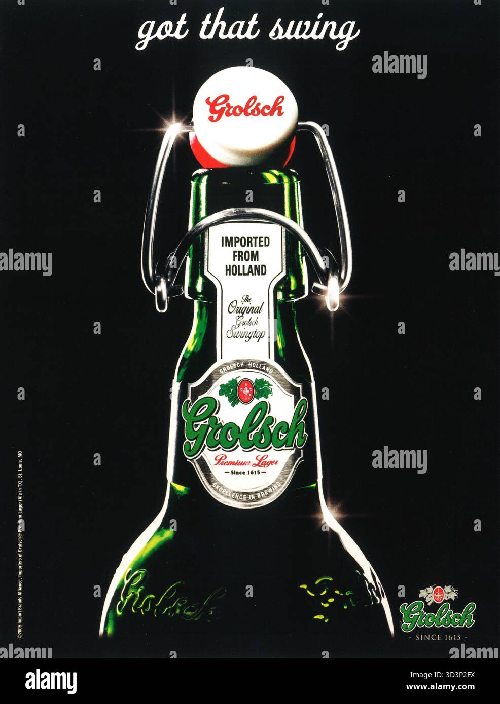 2006 pubblicità di birra lager premium Grolsch, con la sua caratteristica bottiglia basculante (o "beugel") Foto Stock