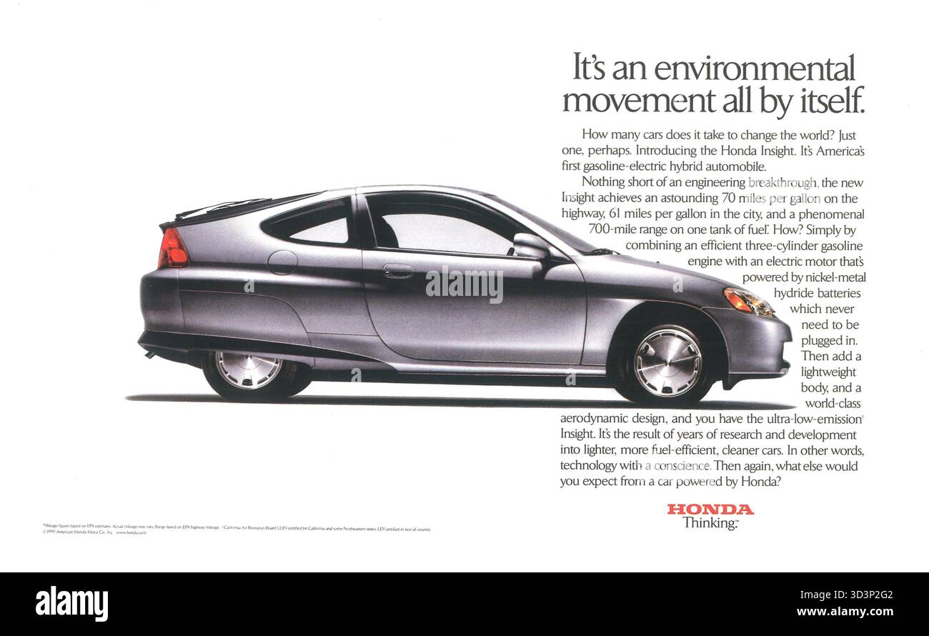 Annuncio Honda Insight 2000, la prima auto ibrida a benzina-elettrica prodotta in serie in America, "movimento ambientale" Foto Stock