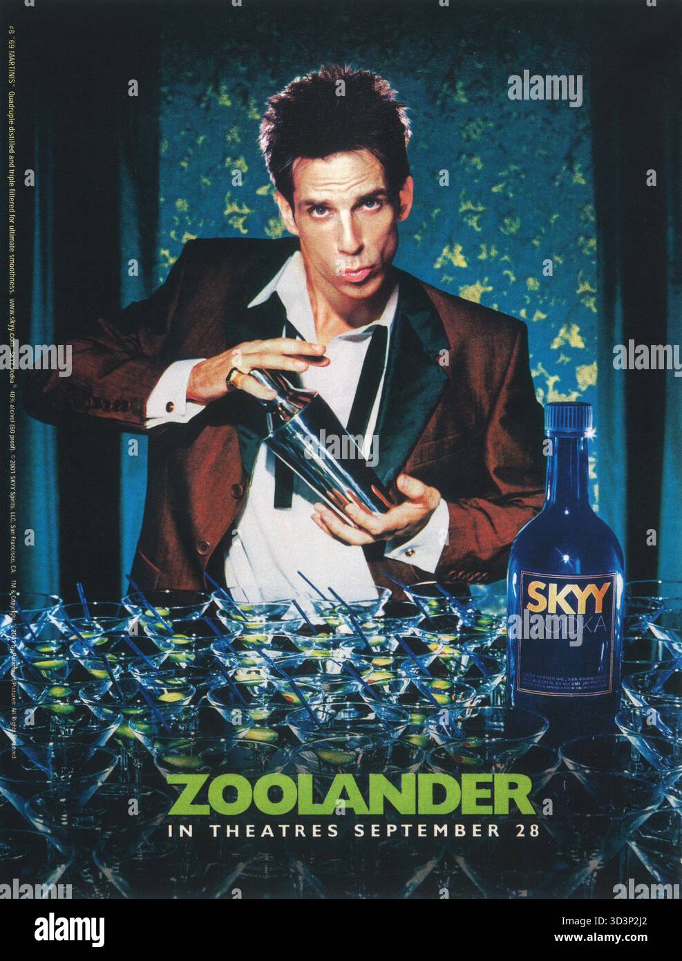 2001 annuncio SKYY Vodka, con l'attore Ben Stiller in personaggio come modello maschile Derek Zoolander nel film Zoolander promosso nell'annuncio Foto Stock