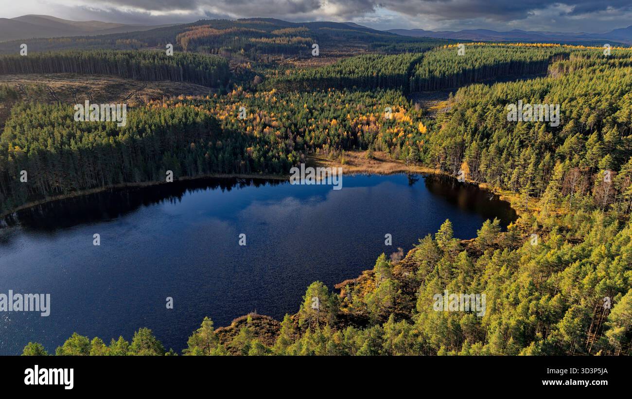 Uath Lochans Insh Scotland il grande lago e le colline circondate da alberi in una giornata di sole in autunno Foto Stock