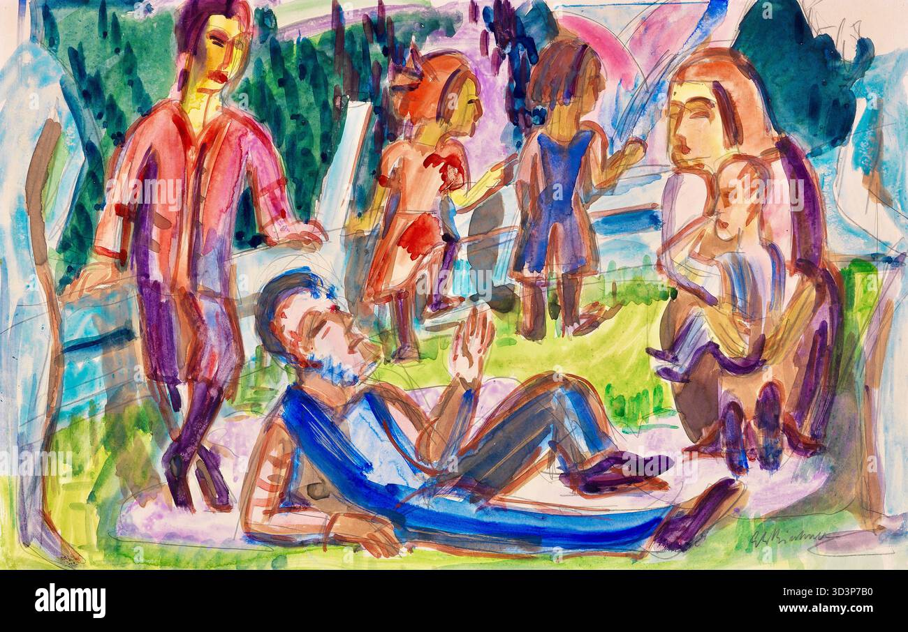 Ernst Ludwig Kirchner - picnic - c1922 - nell'opera, viene mostrato un uomo sdraiato per terra, mentre una donna si trova nelle vicinanze. Sono visibili anche i bambini, impegnati in varie attività. L'uso di colori vibranti e contrastanti crea una scena dinamica e vivace. Lo stile è caratteristico del movimento espressionista tedesco e del gruppo artistico Die Brücke, che Kirchner ha co-fondato. L'opera è anche conosciuta con il titolo "picnic". Foto Stock