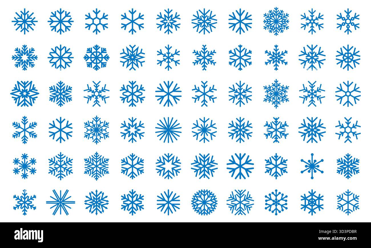 Set di fiocchi di neve, collezione di icone fiocchi di neve, set di simboli di fiocchi di neve vettoriali blu Illustrazione Vettoriale