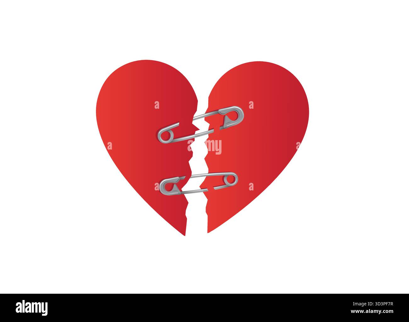 Illustrazione vettoriale con logo cuore rosso spezzato con perni di sicurezza. Illustrazione Vettoriale