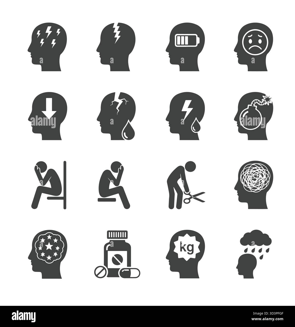 Icone di depressione mentale logo illustrazione vettoriale set. Illustrazione Vettoriale