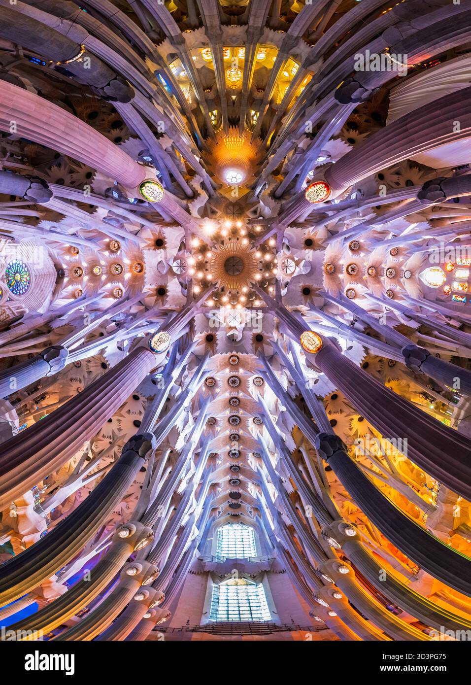 Soffitto a volta e colonne radianti della Sagrada Família, a forma di crocifisso, con luce e lanterne in vetro colorato, Barcellona, Spagna Foto Stock