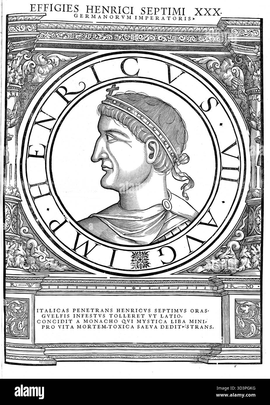 Enrico VII (Valenciennes, 1278/79 – Buonconvento, 24 agosto 1313) fu un membro del Casato di Limburgo-Lussemburgo e fu Conte di Lussemburgo e Laroche, nonché Margravio di Arlon. Fu imperatore del Sacro Romano Impero dal 1308 al 1313 e imperatore del Sacro Romano Impero dal 29 giugno 1312. Riproduzione autentica e restaurata digitalmente da un originale del XIX secolo. Data di registrazione non indicata. Foto Stock