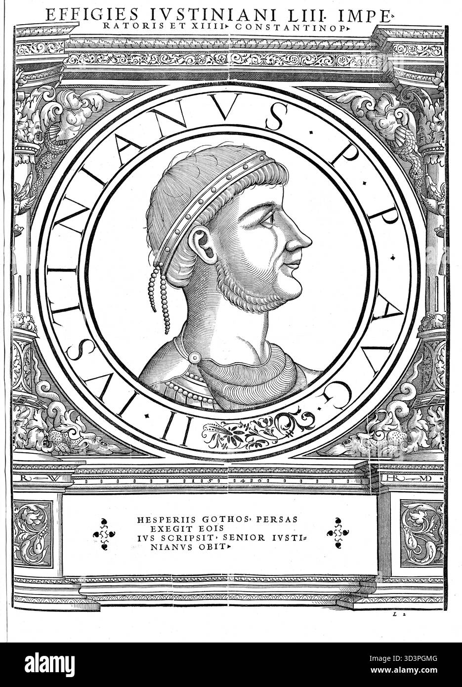 Giustiniano, Iustiniano, documentato nei suoi dittici consolari del 521 come Flavio Petrus Sabbatius Iustinianus, fu imperatore romano dal 1 aprile o il 1 agosto 527 fino alla sua morte, riproduzione autentica, restaurata digitalmente da un originale del XIX secolo, data di registrazione non dichiarata Foto Stock