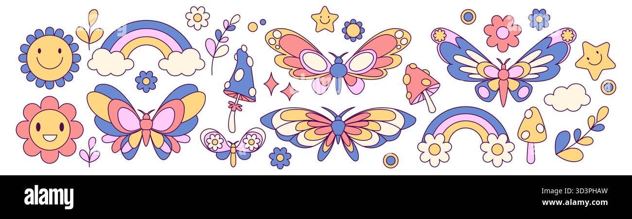 Farfalle e fiori scanalati su sfondo bianco. Illustrazione vettoriale di funghi di colore retrò, margherite sorridenti, arcobaleni, nuvole e stelle, design psichedelico del giardino, motivo floreale Illustrazione Vettoriale