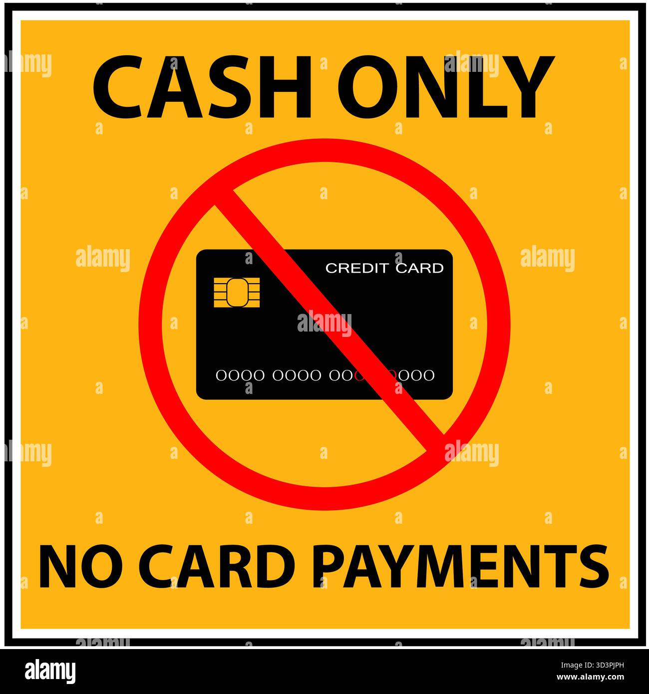 Solo pagamenti in contanti, nessun cartello di avviso pagamenti con carta. Solo contanti, nessun simbolo di pagamento con carta. Nessuna carta di credito o debito. stile piatto. Foto Stock