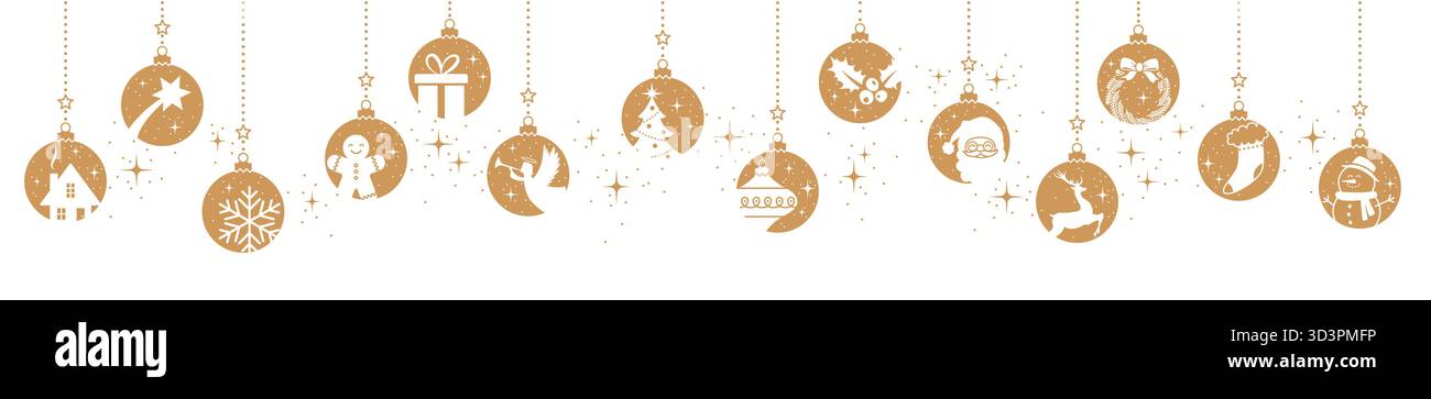 Palle di Natale appese su sfondo isolato, bordo festivo con ornamenti e stelle dorate, striscione orizzontale di baule invernali Illustrazione Vettoriale