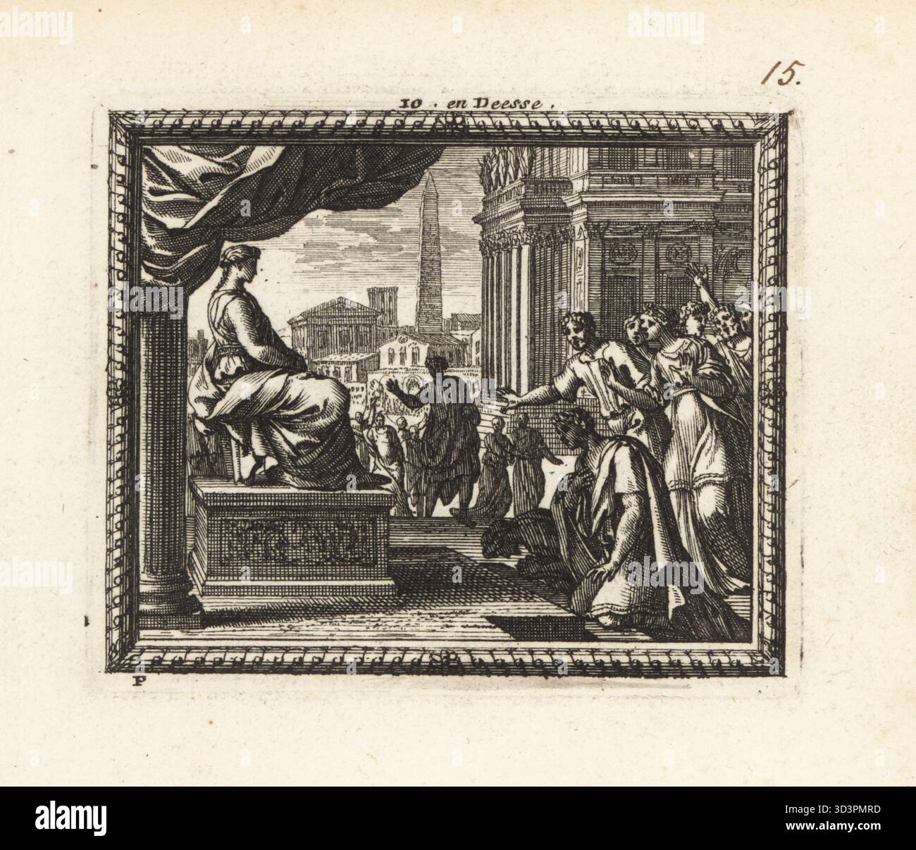 La principessa io deificò. Mortale, fu trasformata in una mucca dopo essere diventata amante di Zeus, poi una dea in forma femminile. Statua della dea Iside mentre era adorata in Egitto. Io en Deesse. Incisione in rame da Metamorphoses d'Ovide en rondeaux, Metamorphoses di Ovidio, chez Audran, Parigi, 1676. Foto Stock