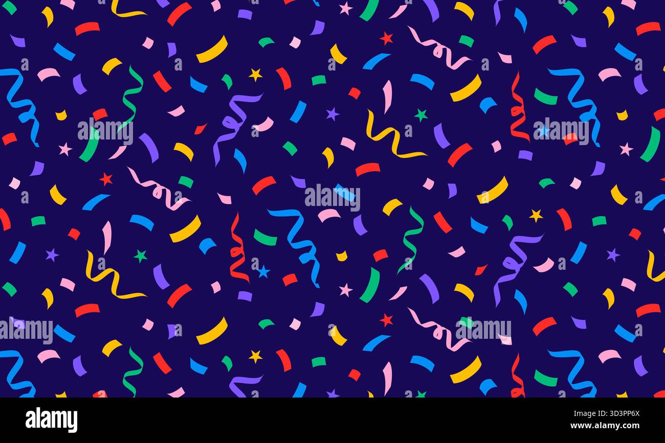 Sfondo coriandoli. Colorato streamer a serpentina, nastri e stelle che cadono su sfondo blu. Motivo perfetto per festeggiare Illustrazione Vettoriale